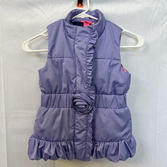 Lilly Pulitzer Girls Caylee Lavender Puffer Vest Floral‎ Lined Ruffle Medium 6/7 - Picture 1 of 7